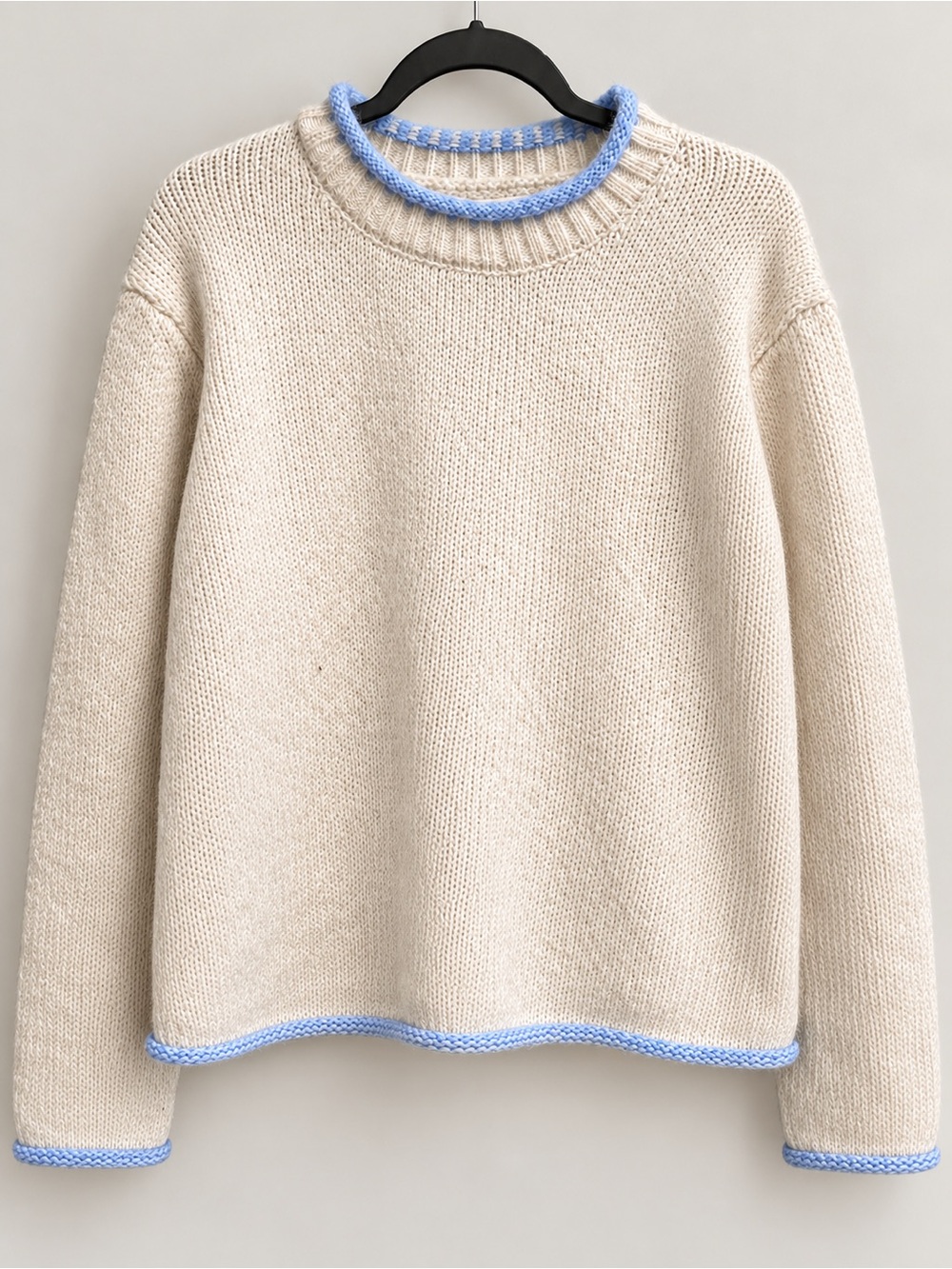 Altar'd State Cream Crewneck Sweater with Light Blue Trim